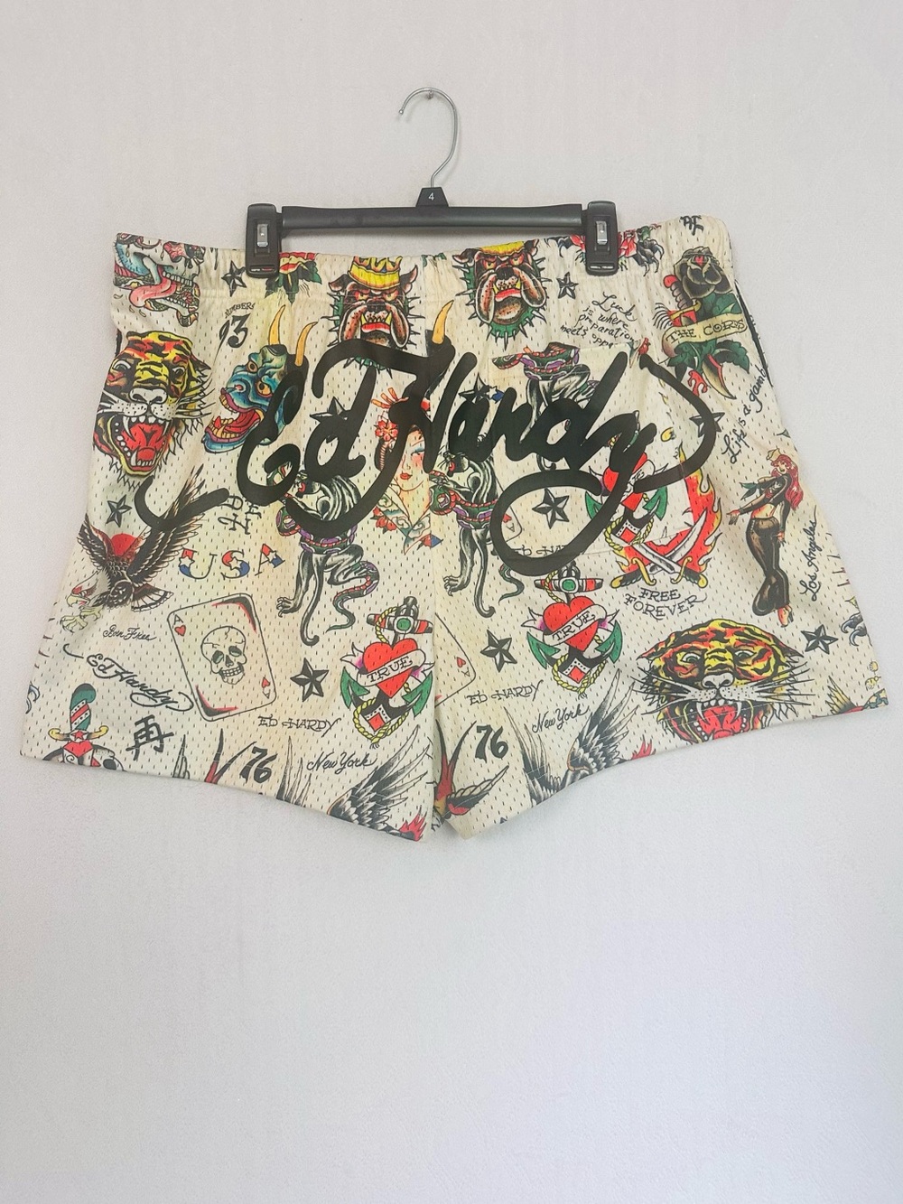 Ed Hardy Flashboard Mesh Cream Tattoo-Print Shorts with Drawstring Waist